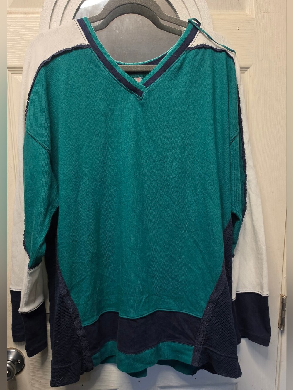 Free People Grewn and Navy Oversized V-Neck Pullover Sweater